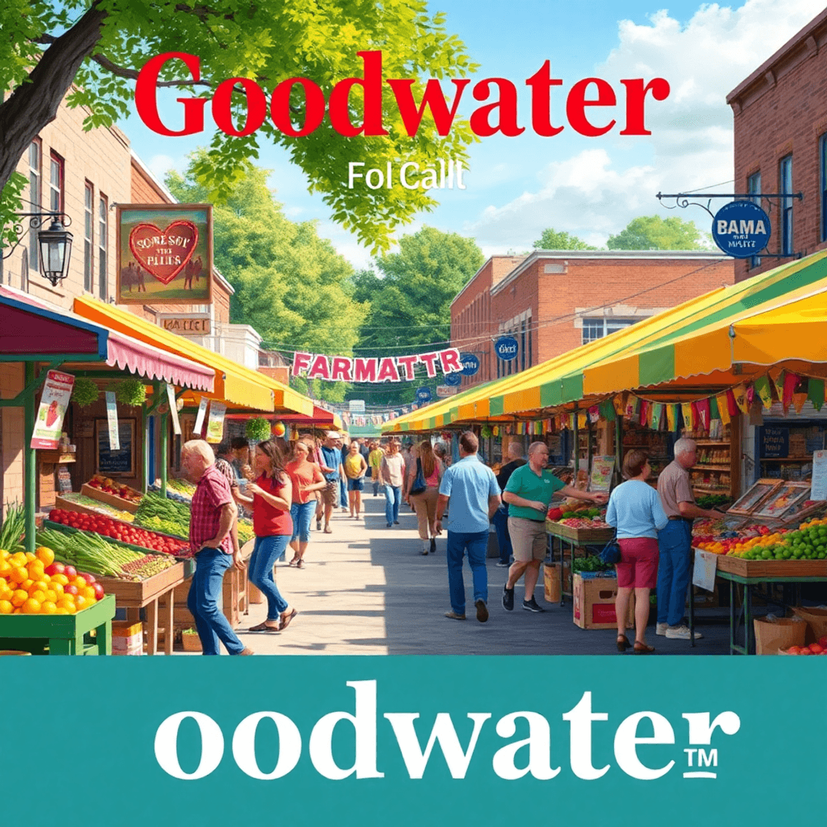 A vibrant farmers market in Goodwater, Alabama, with colorful stalls of fresh produce and locals joyfully interacting, creating a charming small-to...