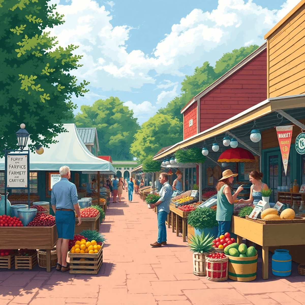 A vibrant farmer's market in Millport, Alabama, with colorful stalls brimming with fresh produce and handmade goods, evoking a warm, inviting commu...