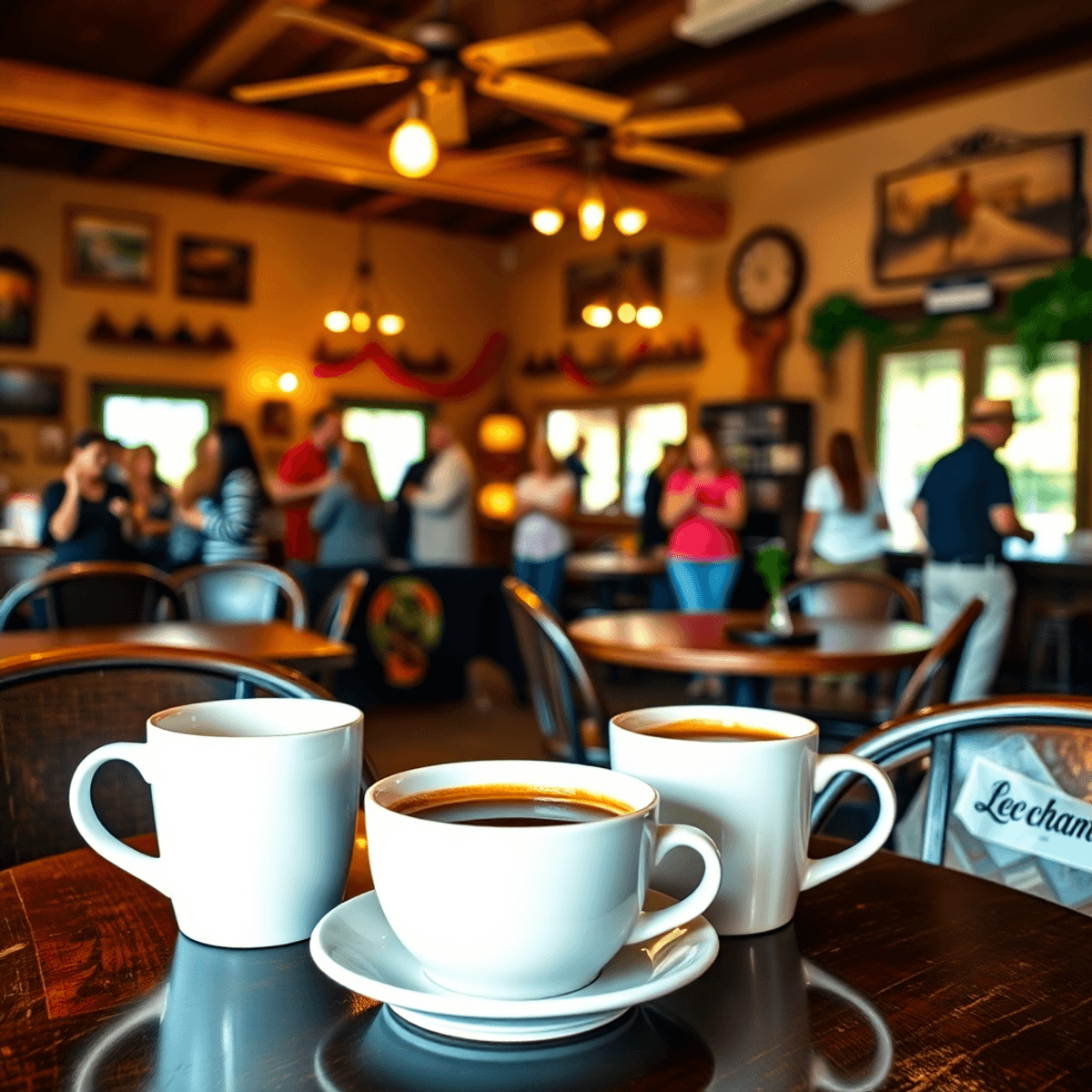 A cozy coffee shop in Sulligent, Alabama, with two cups of coffee on a table, warm lighting, rustic decor, and people mingling in the background, c...