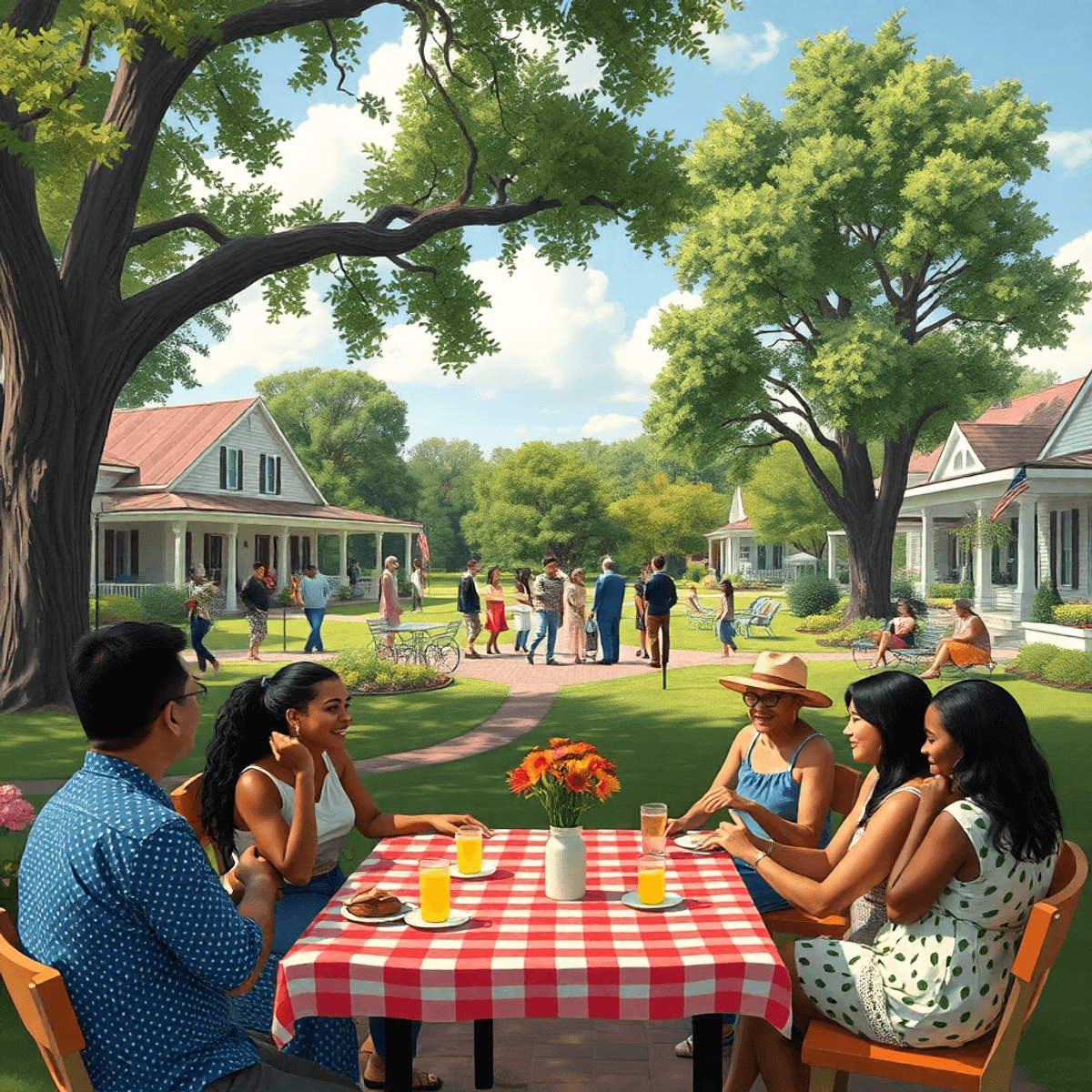 A charming park in Grant, Alabama, filled with people enjoying a community event, complete with picnic setups and friendly conversations, showcasin...
