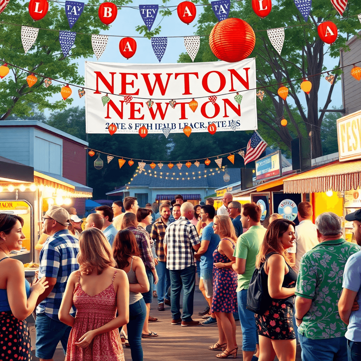 A lively small-town festival scene with people enjoying live music and food vendors, surrounded by festive decorations and a warm community atmosph...
