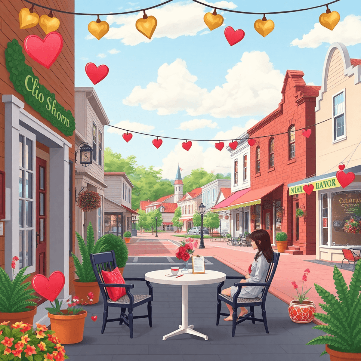 A cozy café in a small-town setting with a table for two adorned with heart-shaped decorations, evoking warmth and romance amid traditional Souther...