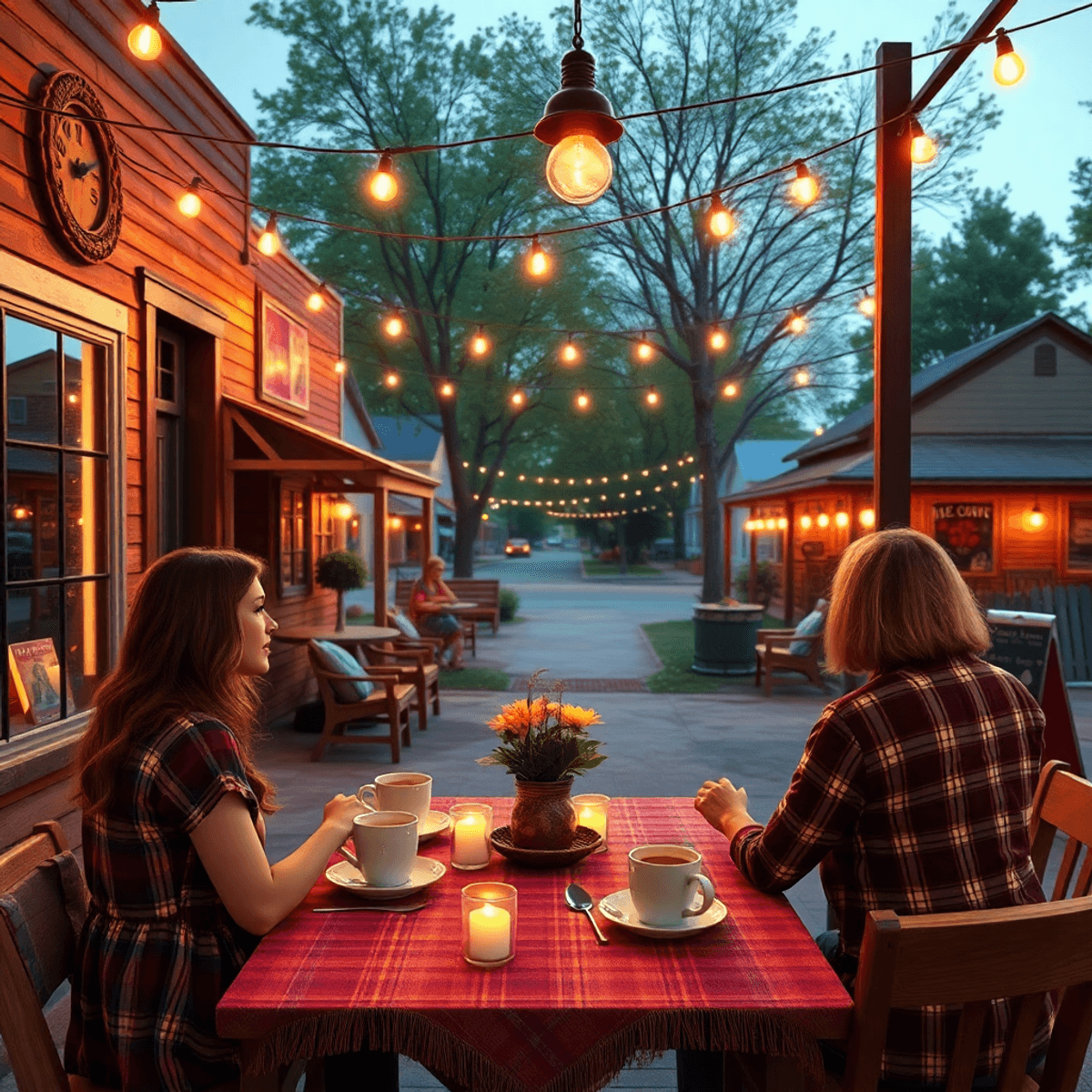 A cozy small-town café scene with rustic decor, warm lighting, and symbols of connection like coffee cups and picnic setups, creating an inviting a...