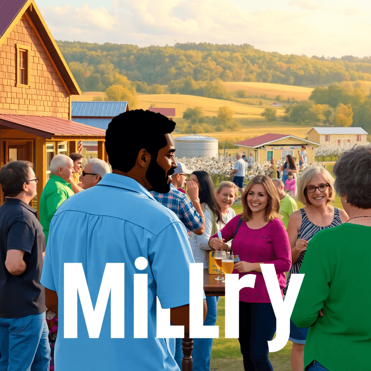 A cozy community gathering in Millry, Alabama, with people socializing against a backdrop of charming rural landscapes, cotton fields, and timber f...