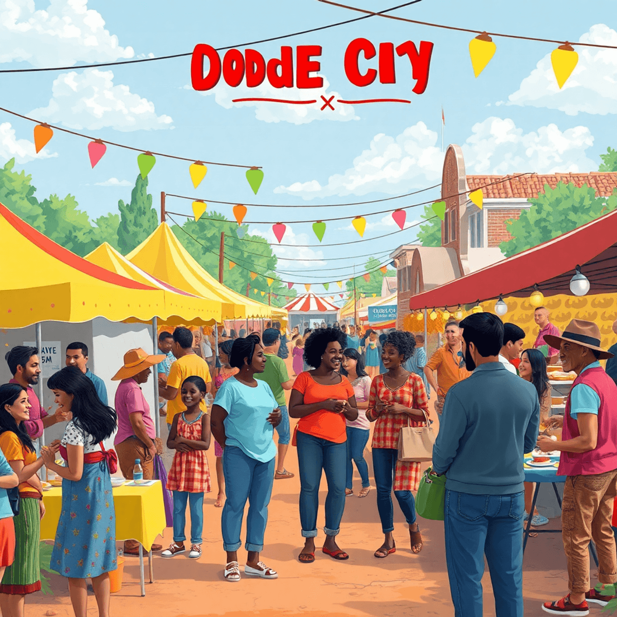 A lively small-town festival in Dodge City, Alabama, featuring colorful tents, food stalls, and joyful interactions among attendees enjoying tradit...