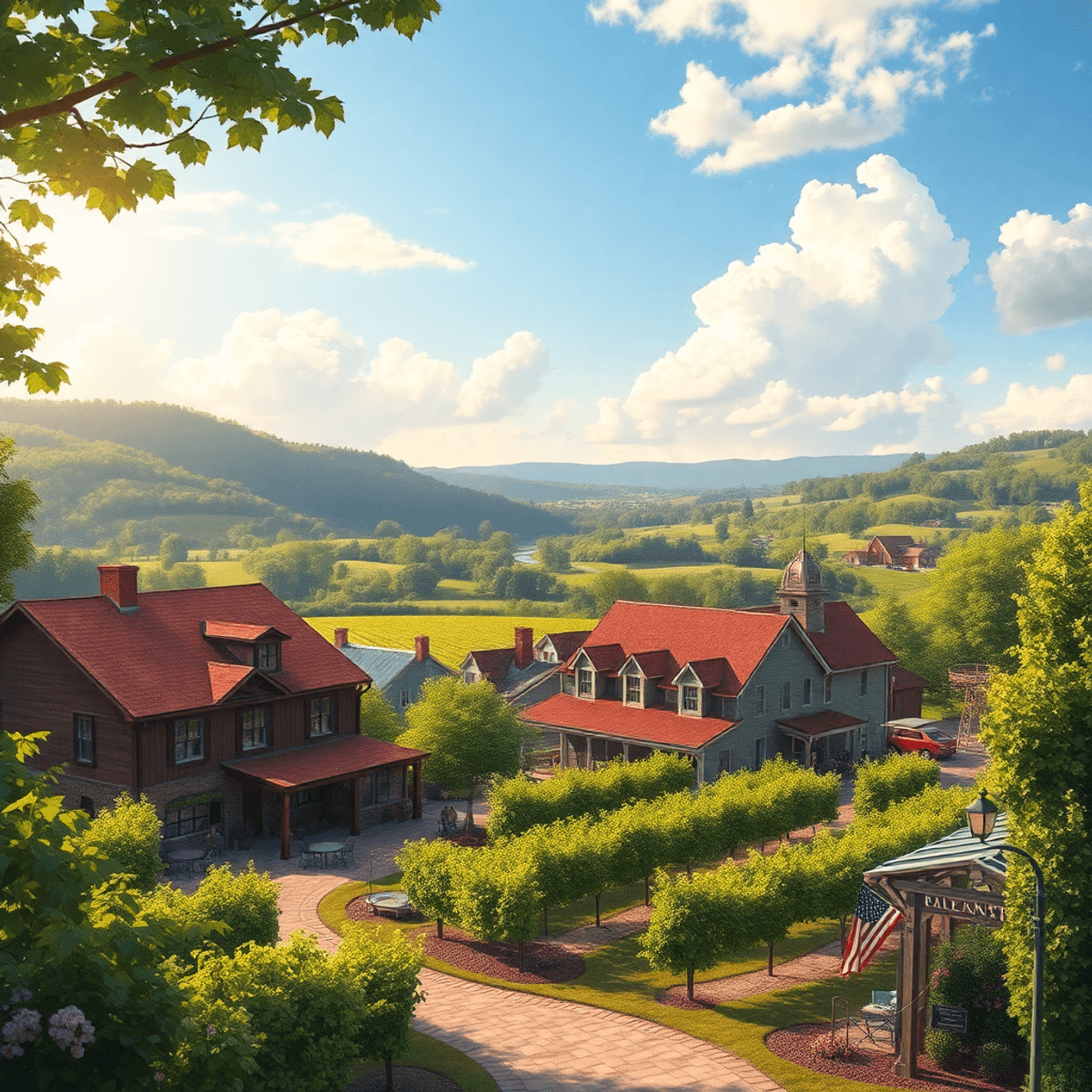 A charming small town in Alabama with a quaint winery, lush vineyards, and scenic countryside bathed in soft sunlight, evoking community and romance.