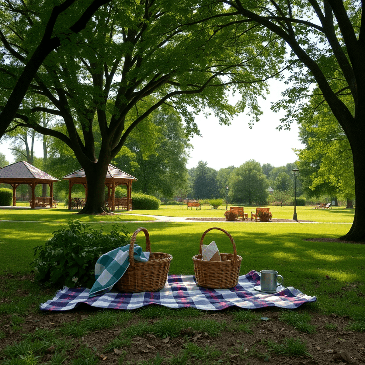 A cozy picnic setup with a blanket and basket in a charming small-town park, surrounded by lush greenery, evoking a warm, inviting atmosphere.