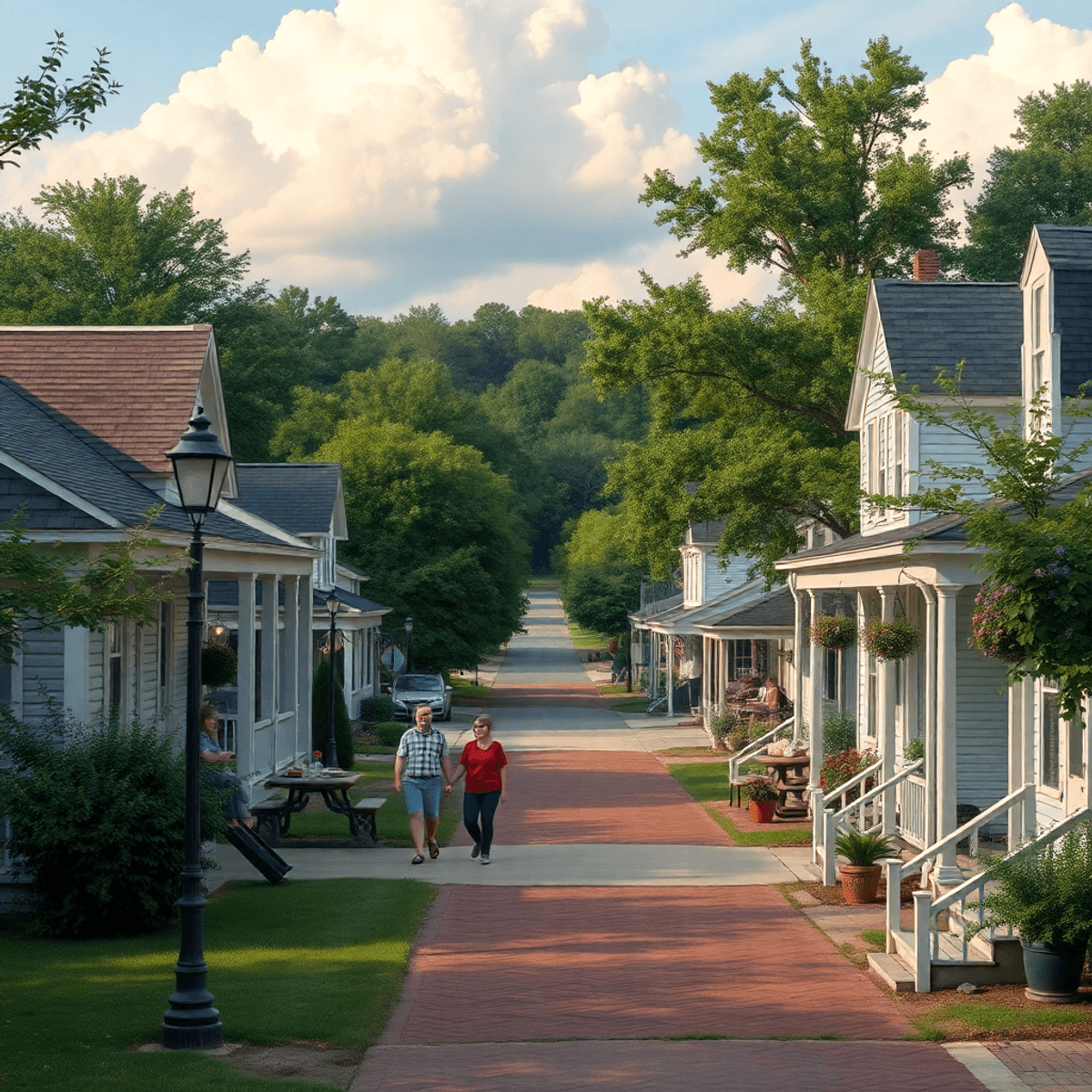 A cozy small-town scene in Gurley, Alabama, showcasing charming streets, quaint houses, and lush greenery with people enjoying a park setting, evok...