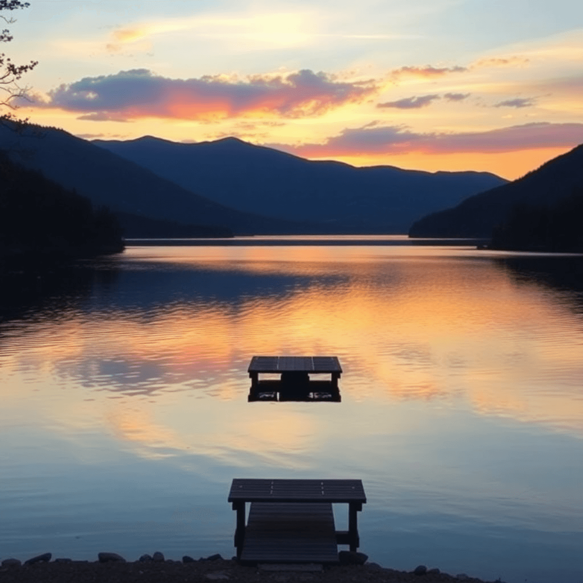 A serene sunset over Highland Lake, reflecting the surrounding Appalachian Mountains, with a cozy dock and benches creating a romantic lakeside atm...
