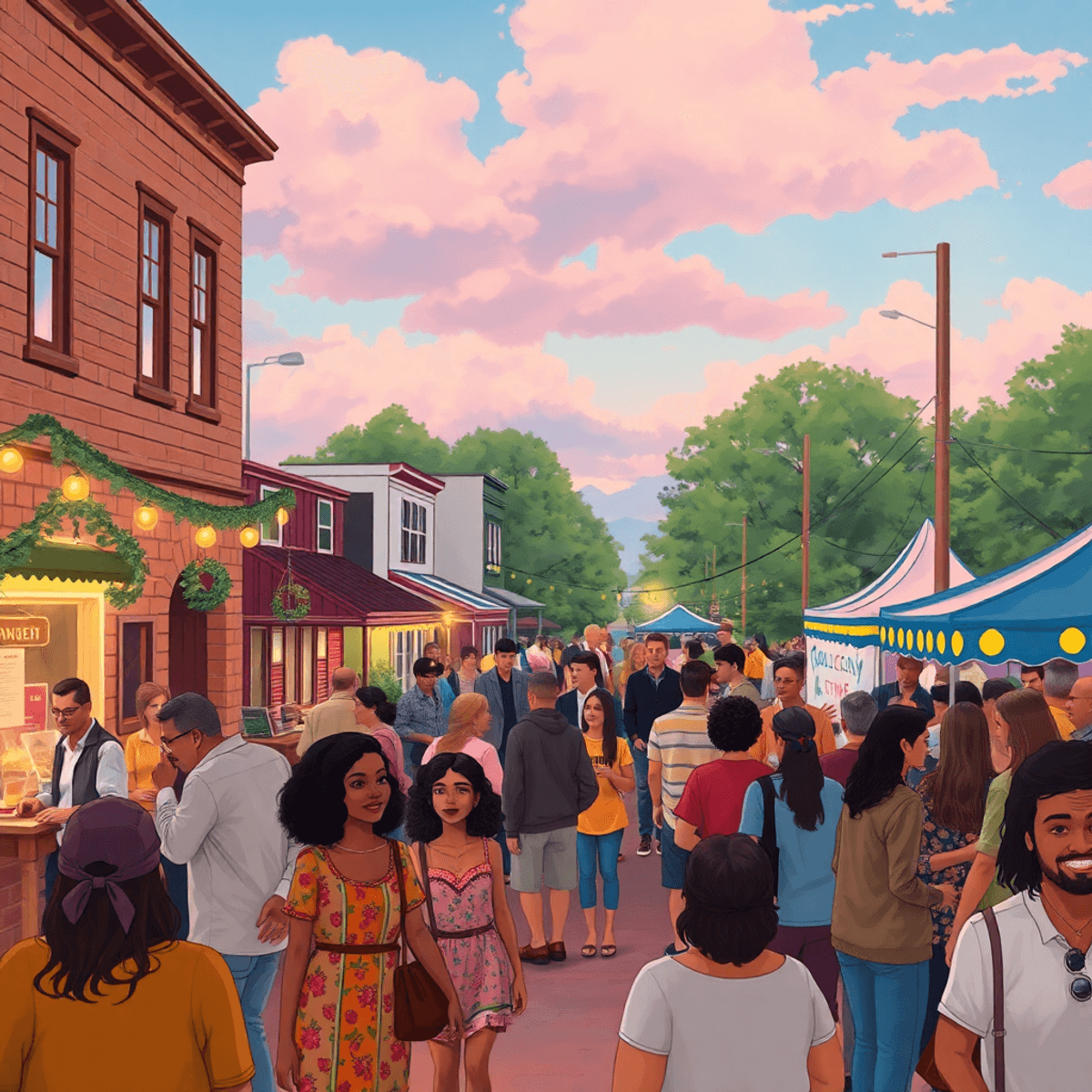 A cozy small-town scene in Alabama with a community gathering at a local festival, featuring festive decorations, food stalls, and people enjoying ...
