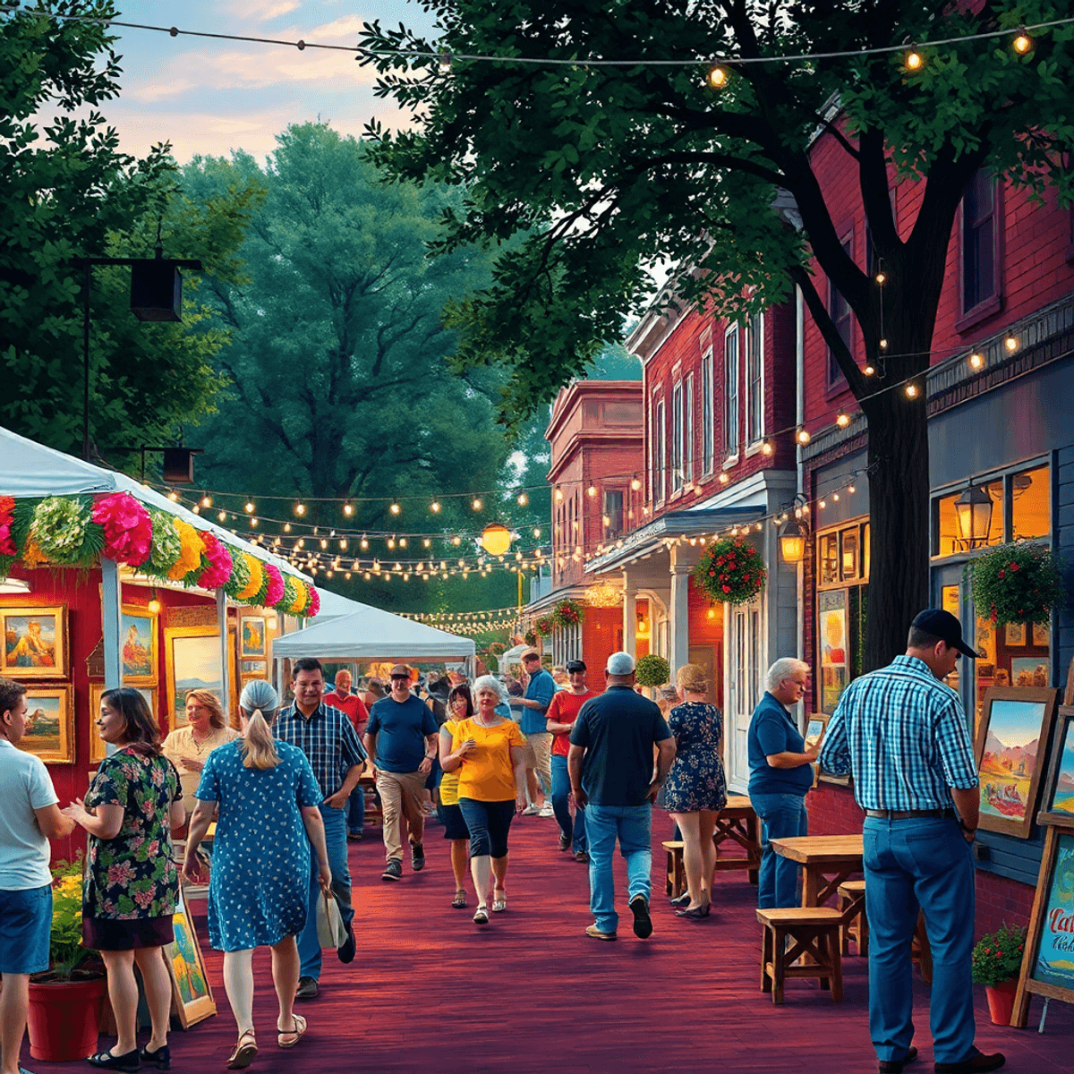 A lively community event in Carrollton, Alabama, featuring colorful decorations, people enjoying art exhibits, and a cozy outdoor dining area with ...