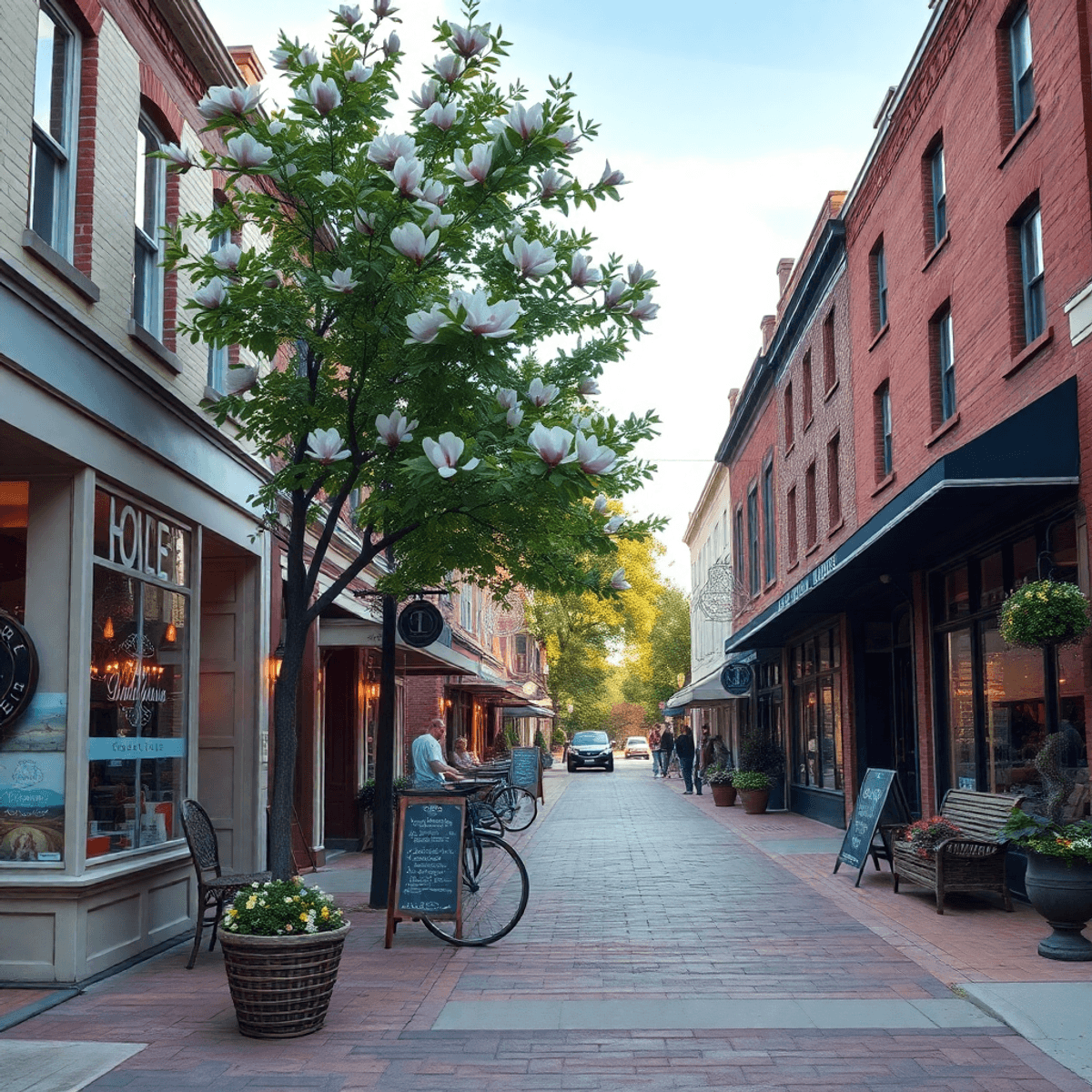 A picturesque small-town street in Hollywood, Alabama, showcasing cozy cafes, local shops, a magnolia tree, and traditional architecture, evoking c...