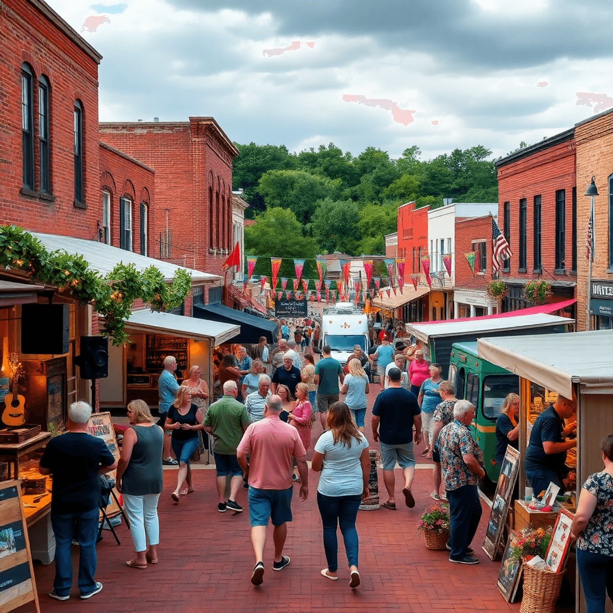 A lively small-town event in Oakman, Alabama, featuring people enjoying music, food trucks, and artisan displays under twinkling lights and colorfu...