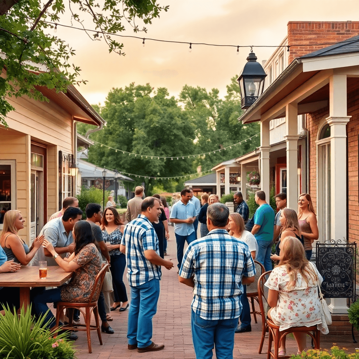A charming small-town gathering in Brantley, Alabama, showcasing traditional Southern architecture and locals enjoying friendly conversations in a ...