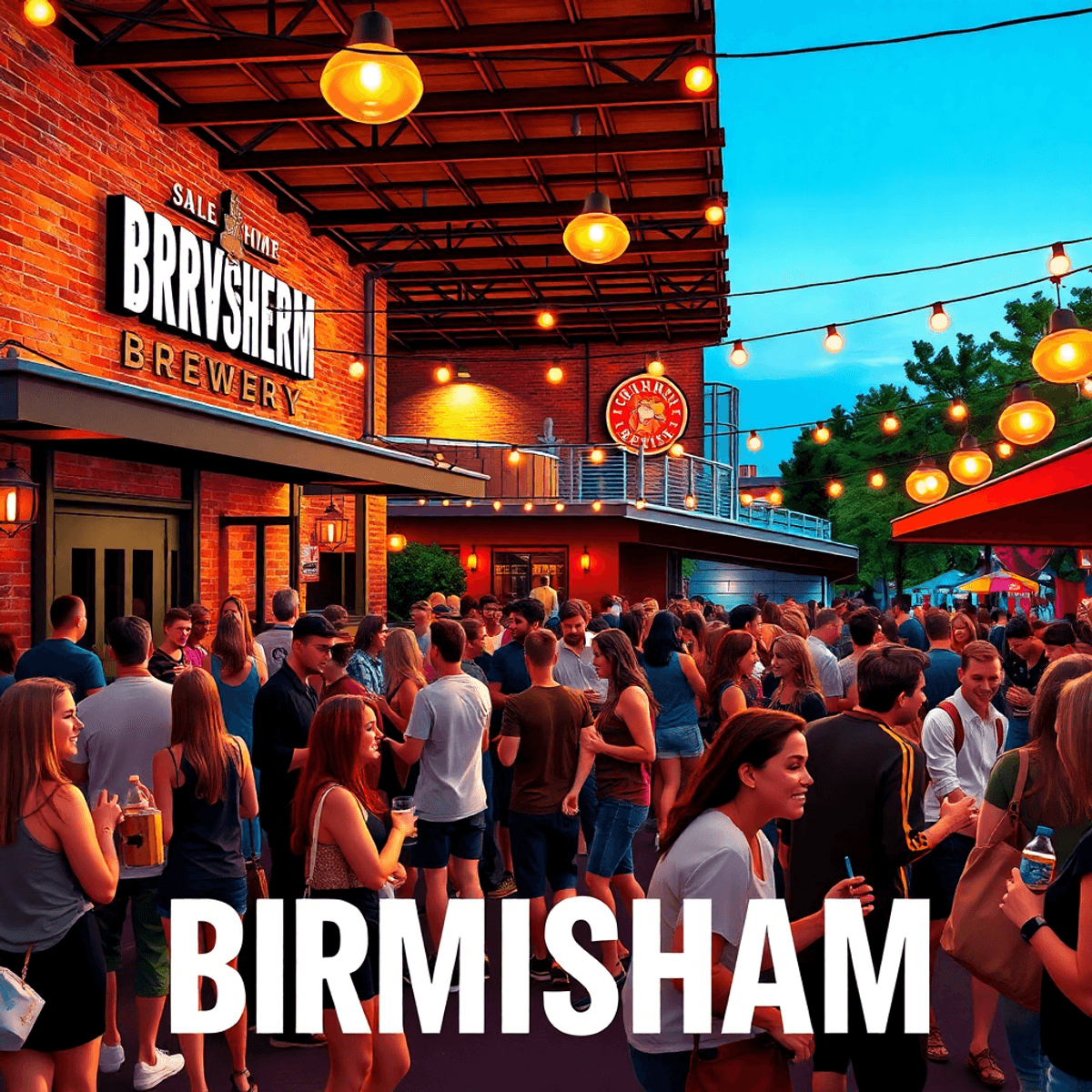 A lively Birmingham nightlife scene with a bustling outdoor brewery, people enjoying drinks and live music, creating a warm and inviting evening at...