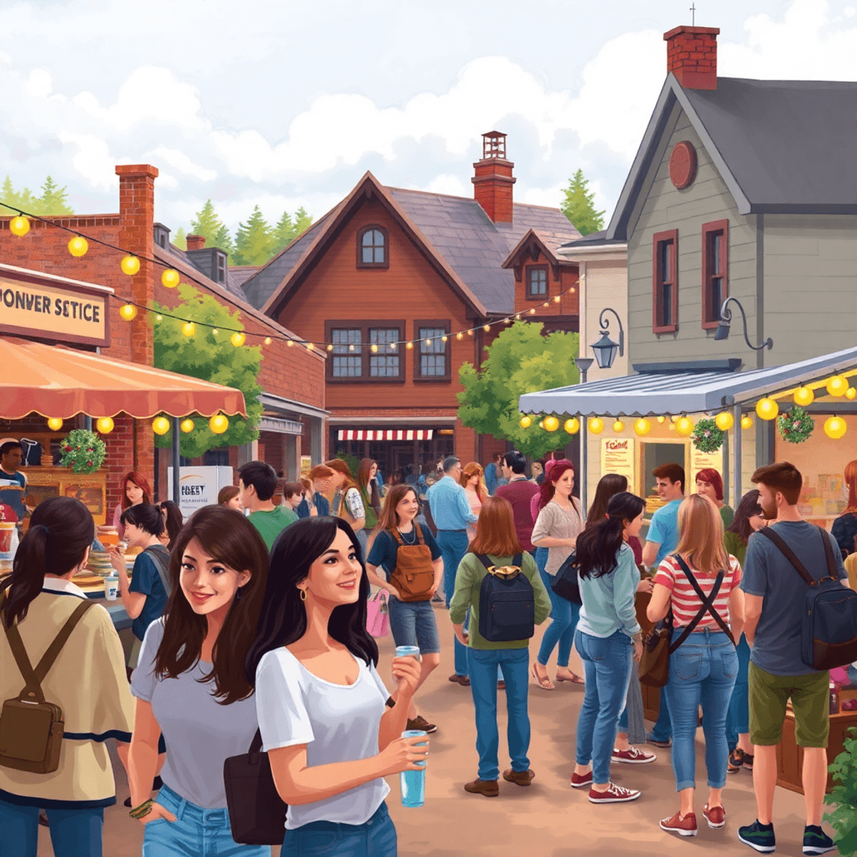 A vibrant small-town festival scene with people enjoying local food, live music, and festive decorations, creating a warm and connected atmosphere.