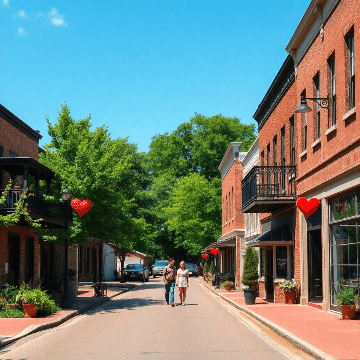 A charming small-town street in Hobson City, Alabama, lined with historic buildings and greenery, featuring heart-shaped decorations and couples en...