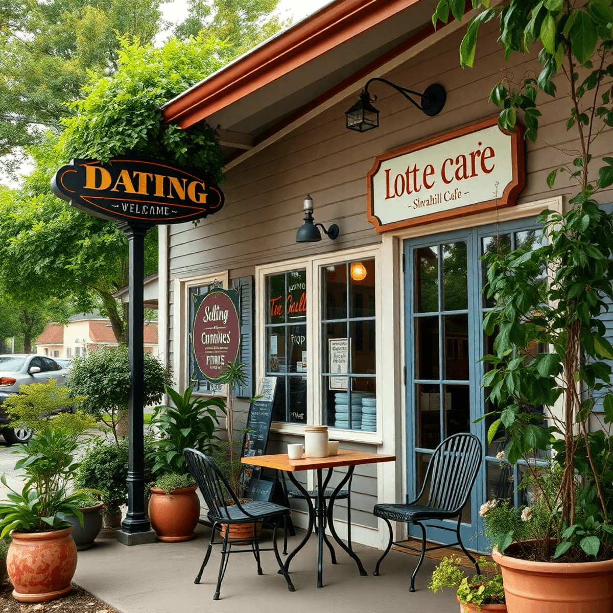 A cozy small-town café in Silverhill, Alabama, with outdoor seating, coffee cups, a welcoming sign, and lush greenery, creating an inviting and fri...