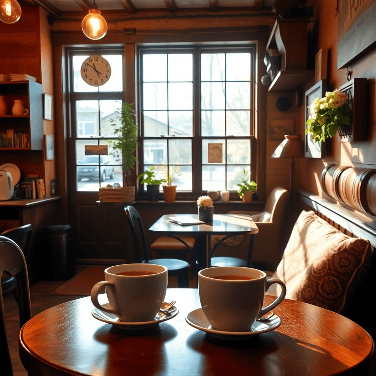 A cozy café with rustic decor, two cups of coffee on a table, and bright natural light creating a warm, inviting atmosphere perfect for connection.
