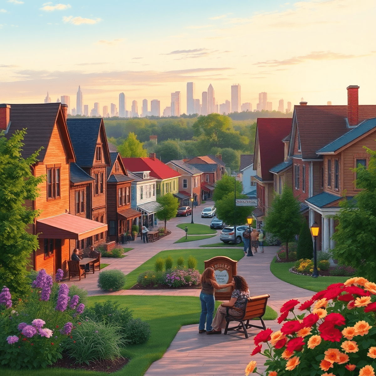 A small-town scene in Minor, Alabama, showcasing local landmarks, a couple enjoying a stroll in a lush park filled with flowers, and a distant skyl...