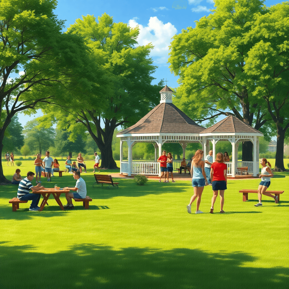 A vibrant small-town park scene in Smoke Rise, Alabama, with couples picnicking, friends running, and people chatting near a gazebo under lush tree...