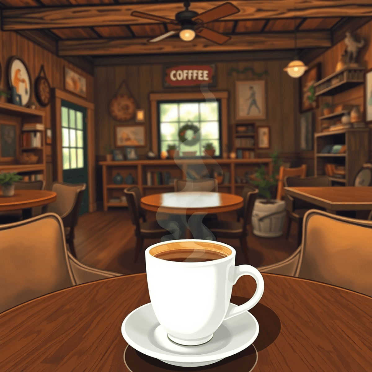 A warm coffee shop with rustic decor, featuring a steaming cup of coffee on a table, inviting seating, and hints of local artwork, creating a cozy ...