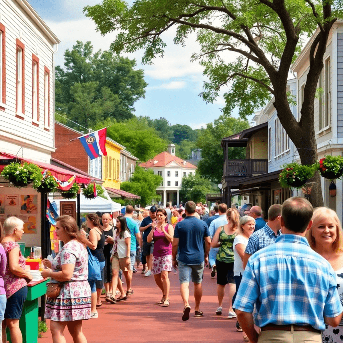 A vibrant Southern town scene with colorful market stalls, smiling locals mingling, and quaint buildings surrounded by greenery, capturing a lively...