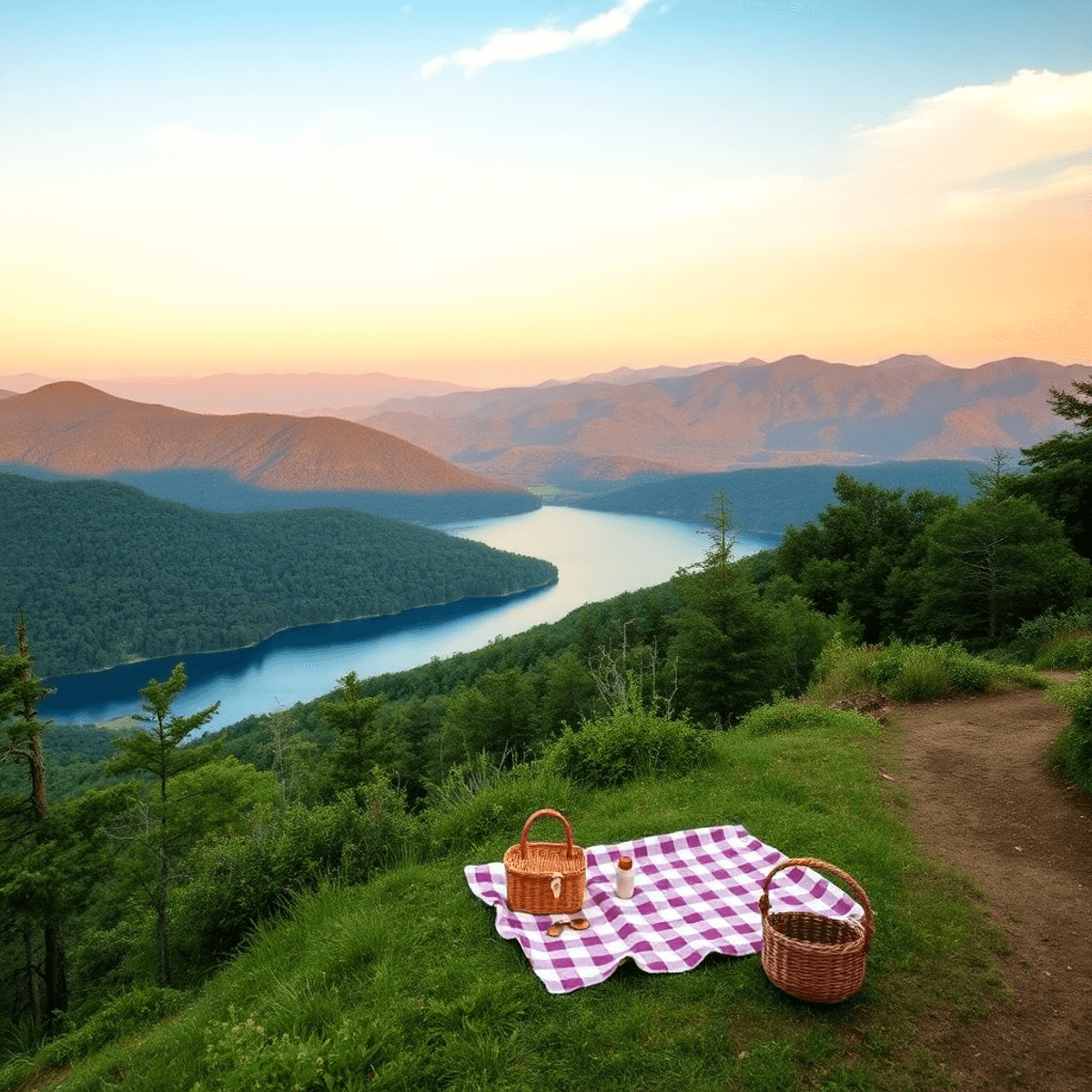 A scenic view of Cheaha State Park with mountain vistas and a tranquil lake. A cozy picnic setup with a blanket and basket is near the shoreline, s...