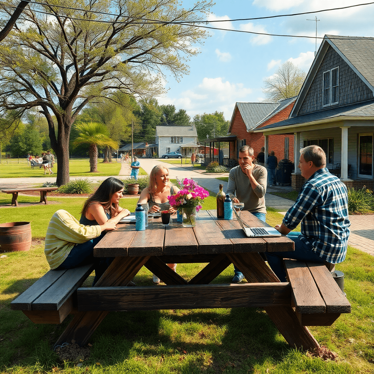 A cozy small-town gathering in Samson, Alabama, featuring a rustic picnic table with flowers, residents chatting, and modern dating symbols like sm...