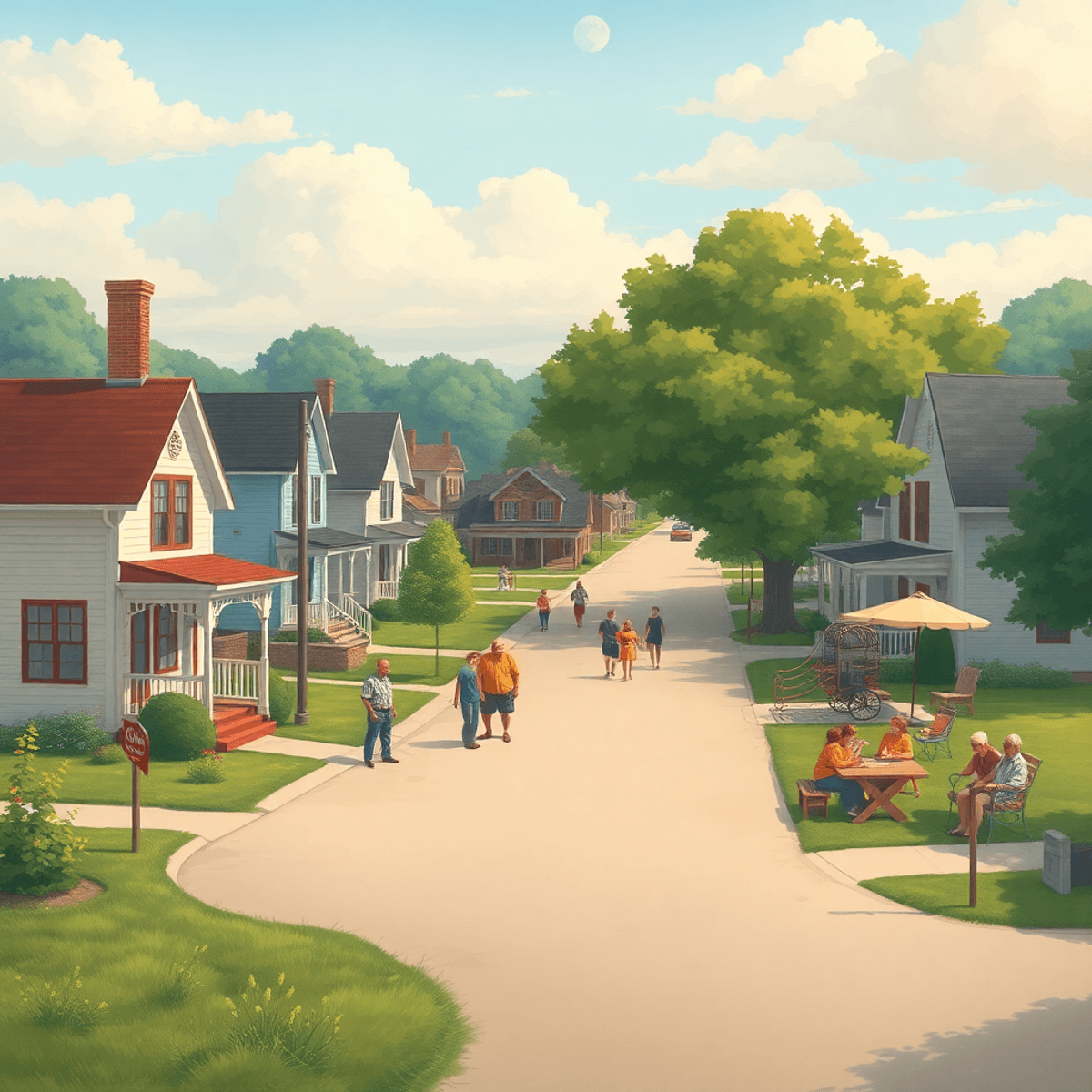 A picturesque small-town scene in Level Plains, Alabama, showcasing friendly neighbors interacting in a park, surrounded by family homes and hints ...