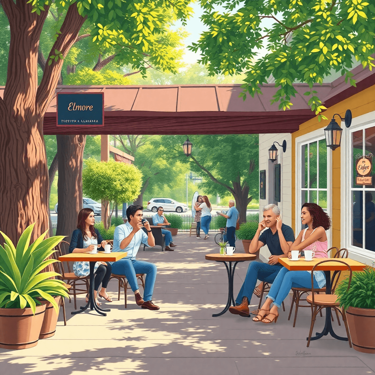 A lively Southern town café filled with couples sipping coffee, surrounded by lush greenery and warm sunlight, showcasing a friendly atmosphere for...