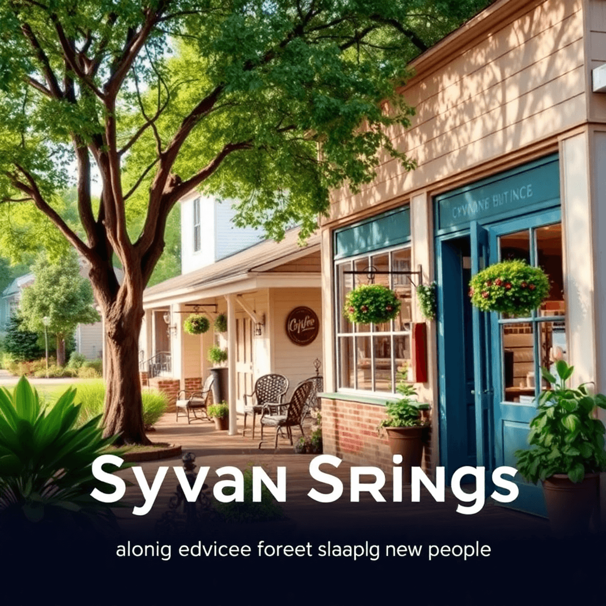 A cozy coffee shop with outdoor seating in a small town, surrounded by charming architecture and lush greenery, creating a warm and inviting commun...