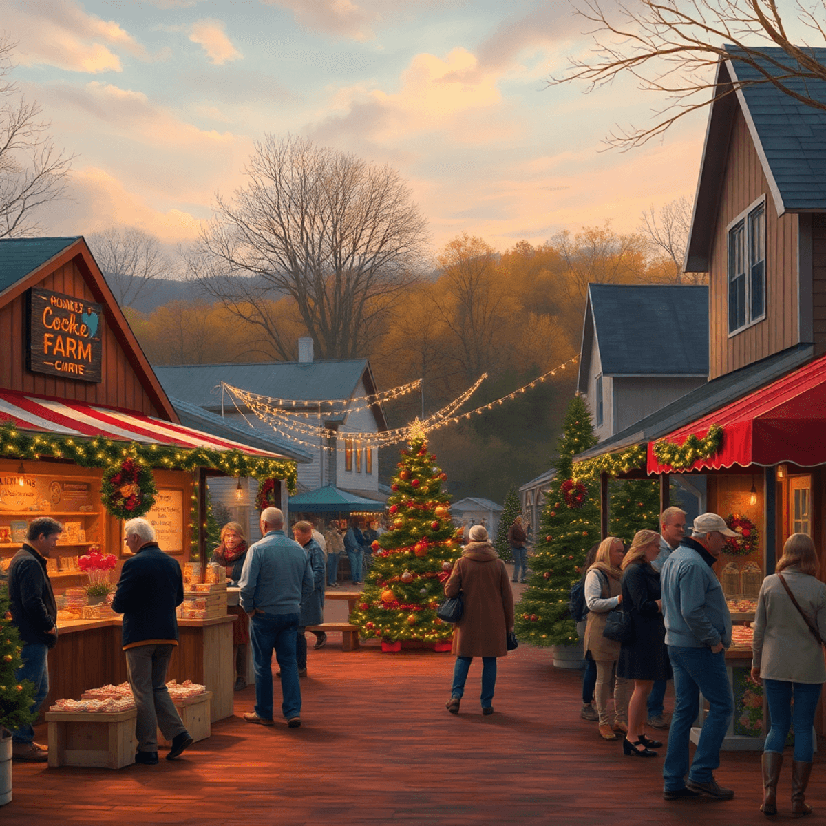 A charming small-town festival scene in Harpersville, Alabama, with decorated cookie stations, festive lights, and joyful people enjoying tree ligh...