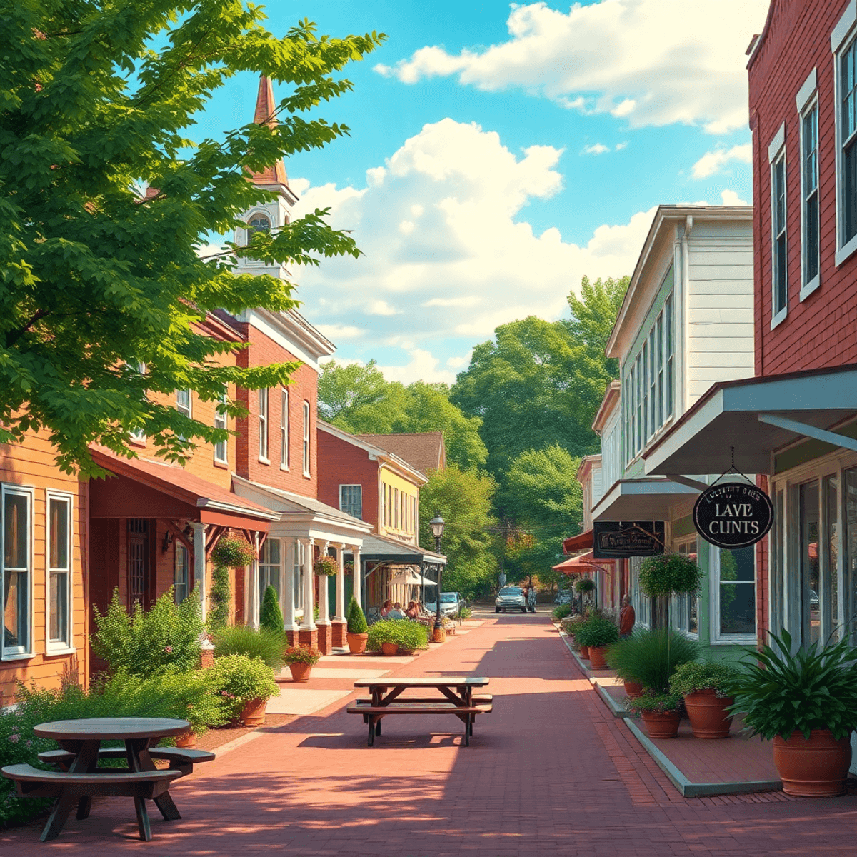 A vibrant small-town street in Ragland, Alabama, featuring charming architecture and greenery, with a picnic table and people enjoying a community ...