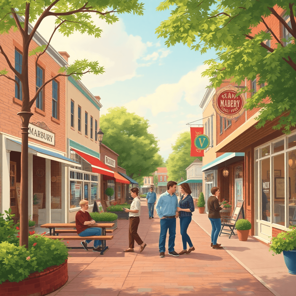 A charming small-town main street in Marbury, Alabama, with quaint shops, friendly locals, and a welcoming park area where couples enjoy each other...
