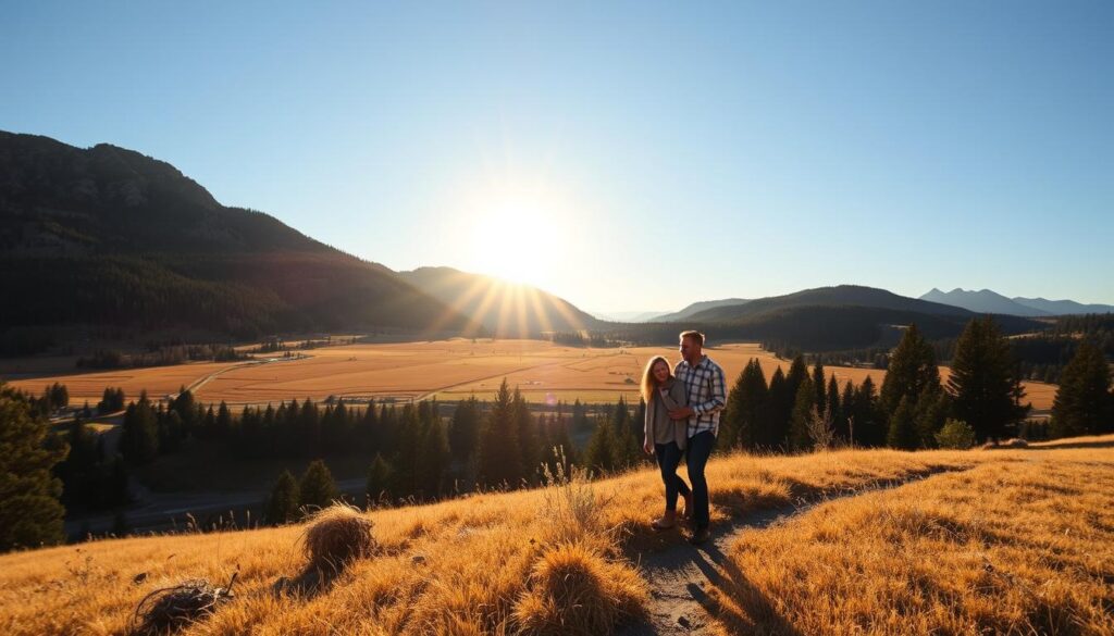 outdoor date in rural Montana with scenic mountain backdrop, couple hiking on trail in summer sun, golden fields and pine forests in the distance, warm natural lighting, wide angle lens, serene and tranquil atmosphere, capturing the beauty and solitude of dating in nature