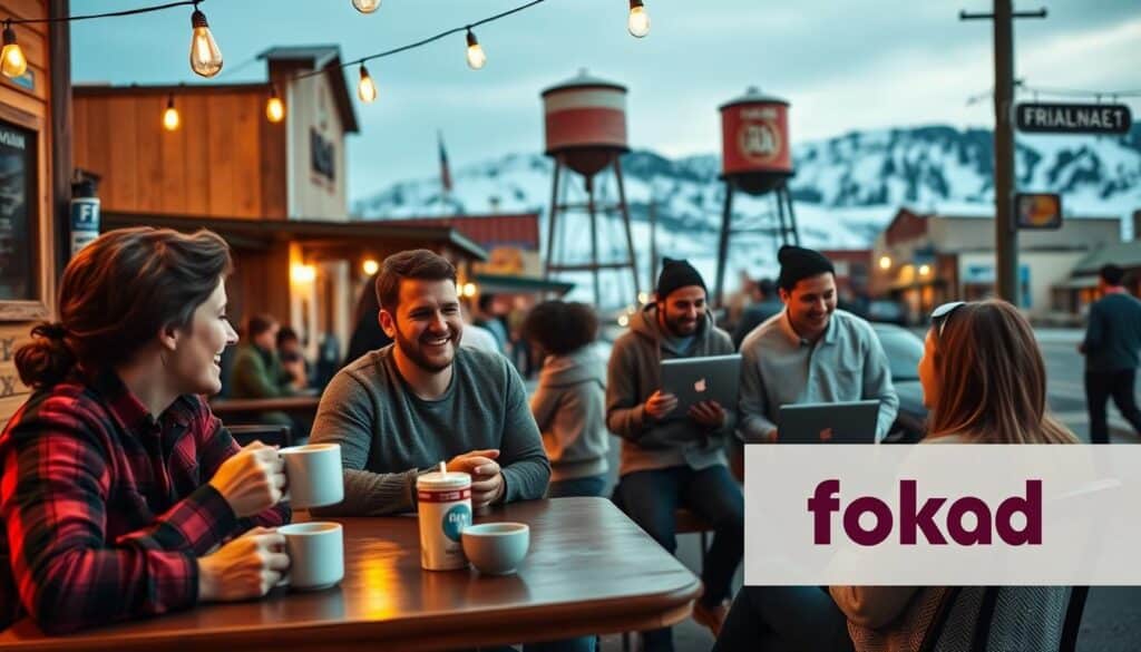 A cozy and inviting online dating scene set in the rural backdrop of Conrad, Montana. In the foreground, a young couple sits at a quaint café, engaged in animated conversation over steaming mugs of coffee, their faces lit by the warm glow of string lights overhead. In the middle ground, a group of singles mingles and laughs, connecting over shared interests displayed on their laptop screens. The background features the picturesque main street of Conrad, with the iconic grain elevator and snow-capped mountains in the distance, creating a serene and charming atmosphere. The lighting is soft and natural, evoking a sense of comfort and community. This image captures the ease and joy of finding connections through the Folkd.com dating platform in the heart of Conrad, Montana.