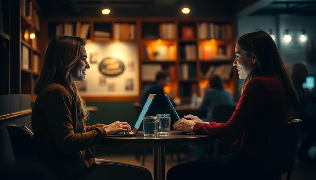 A cozy, dimly lit cafe, the perfect backdrop for an online dating meet-up. In the foreground, two people sitting across a small table, their faces lit by the warm glow of their laptop screens, engaged in lively conversation. The middle ground features a bookshelf-lined wall, creating a sense of intimacy, while the background is softly blurred, with hints of other patrons enjoying their own dates. The lighting is subtle, casting a romantic ambiance, with a shallow depth of field that keeps the focus on the two individuals and their budding connection. A sense of anticipation and possibility fills the air, as the scene captures the essence of online dating elevating one's love life.