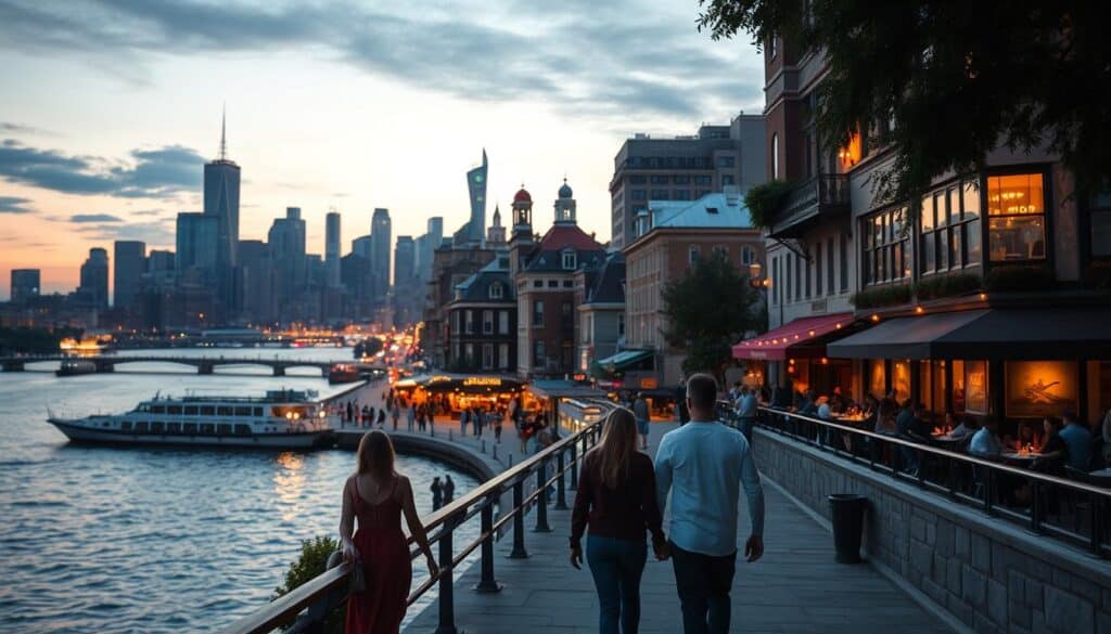 A vibrant cityscape of nearby metropolitan hubs, bustling with energy and romantic possibilities. In the foreground, a picturesque riverfront with couples strolling hand-in-hand, enjoying the warm glow of sunset. The middle ground features a bustling downtown area, lined with charming cafes, trendy bars, and upscale restaurants - the perfect settings for a memorable date night. In the background, a skyline of towering skyscrapers and historic landmarks, creating a stunning visual contrast. Soft, diffused lighting casts a dreamy, inviting atmosphere, making this an irresistible destination for singles seeking new adventures and connections.