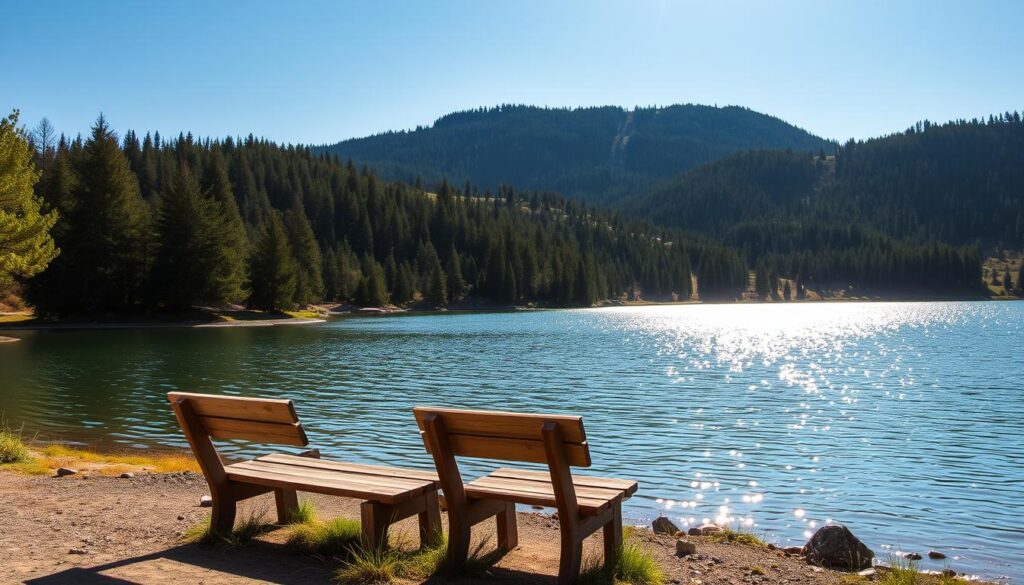 A picturesque outdoor oasis nestled in the heart of Helena Valley West Central, Montana. A serene lake glistens in the foreground, surrounded by lush evergreen forests and rolling hills. Sunlight filters through the canopy, casting a warm, golden glow over the scene. A pair of wooden benches, weathered by time, sit invitingly on the shore, offering the perfect spot for a romantic date under the vast, star-speckled sky. The gentle lapping of the water and the soft chirping of birds create a soothing, tranquil atmosphere, making this an idyllic location for singles to connect and enjoy the natural beauty of the region.