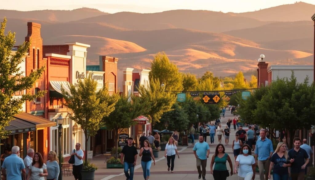 A bustling downtown area with charming storefronts, cafes, and bars, bathed in the warm glow of sunset. Pedestrians stroll along tree-lined sidewalks, chatting and laughing. In the background, rolling hills and mountains create a picturesque landscape. The scene has a vibrant, lively atmosphere, inviting people to explore and socialize in these nearby towns.