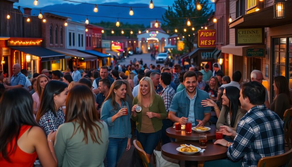 A lively gathering of young and vibrant singles socializing in the heart of Crow Agency, Montana. The scene depicts a bustling town square, with a mix of local shops, cafes, and bars in the background. In the foreground, groups of people engage in lively conversations, laughing and exchanging stories over drinks and appetizers. Warm lighting from string lights and cozy outdoor seating areas creates a welcoming, intimate atmosphere. The composition captures the energy and potential for connections, reflecting the dynamic dating culture of this small-town community.