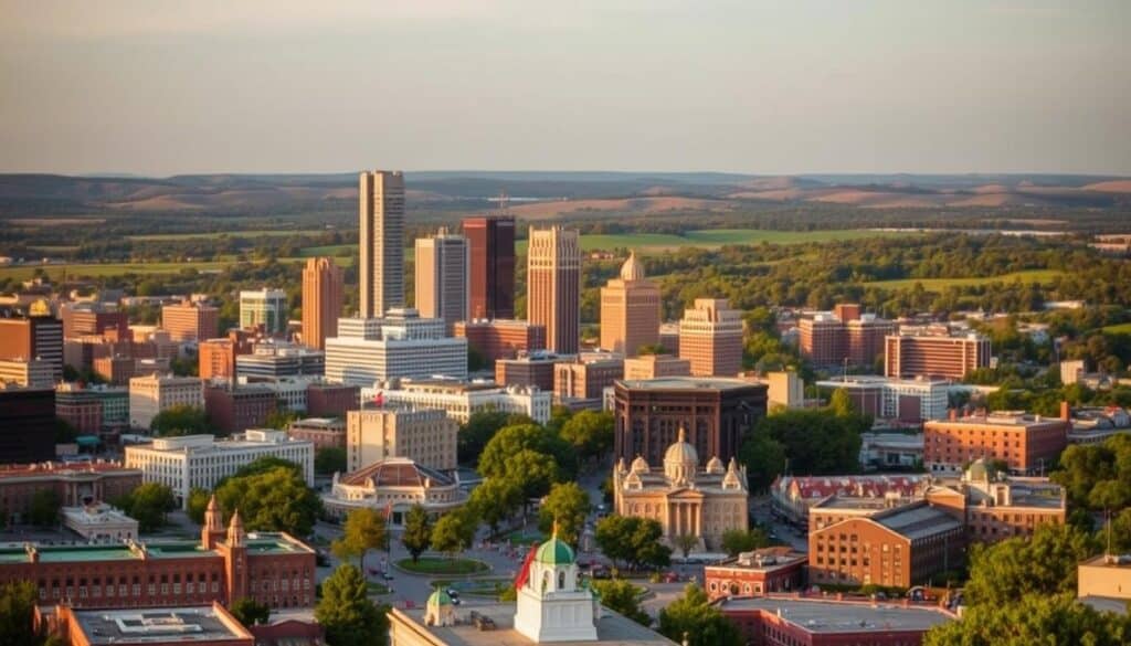 A bustling cityscape with the distinct landmarks of Queen City, Missouri in the foreground, surrounded by the vibrant and diverse neighboring towns and cities that offer ample dating opportunities for singles. A warm, golden hour glow illuminates the scene, casting a romantic atmosphere. The mid-ground features parks, cafes, and lively nightlife hubs, while the background showcases the rolling hills and lush greenery that characterize the Midwest landscape. The overall composition conveys the perfect blend of urban excitement and natural beauty that makes this region an ideal destination for singles seeking new connections and adventures.
