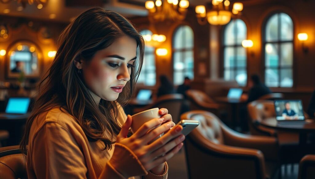 A cozy, warm-lit cafe interior, where a young woman sips coffee while browsing her phone, her gaze lost in the digital world of Ashland's online dating scene. In the background, the soft glow of laptop screens and the gentle hum of conversation create an inviting, intimate atmosphere. Elegant wooden tables, plush armchairs, and the aroma of freshly brewed coffee set the stage for a modern, romantic encounter. The woman's expression reflects a mix of hope and curiosity, as she navigates the possibilities of connecting with fellow Ashland singles through the convenience of online dating.