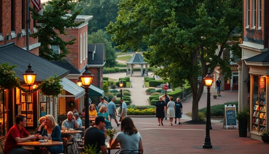 A bustling town square in Battlefield, Missouri, filled with charming local date spots. In the foreground, a cozy cafe with inviting outdoor seating, couples sipping coffee and sharing laughter. In the middle ground, a quaint bookstore with a nook perfect for browsing and discussing literary passions. In the background, a picturesque park with a meandering path, lush greenery, and a scenic gazebo, an idyllic setting for a romantic stroll. Warm, golden lighting casts a welcoming glow, while a vintage-inspired camera lens softens the edges, creating an intimate, nostalgic atmosphere. The overall scene exudes a sense of small-town charm, perfect for singles seeking authentic local experiences and memorable date nights.