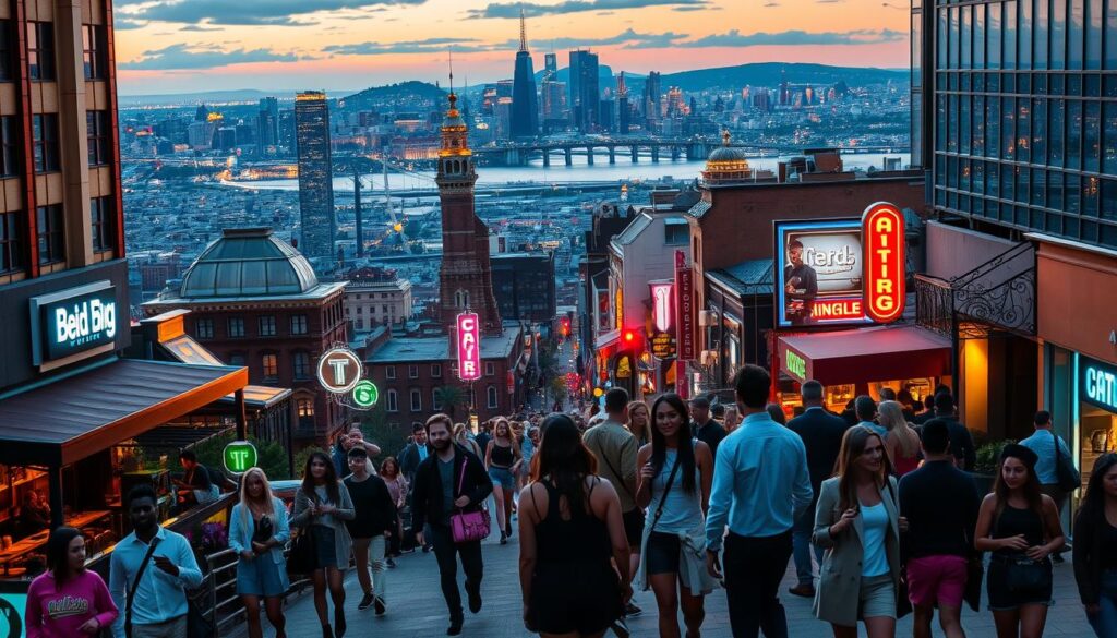 A bustling urban landscape with the silhouettes of nearby cities in the distance, bathed in the warm glow of a setting sun. In the foreground, a vibrant city street comes alive with groups of stylishly dressed young singles strolling, conversing, and enjoying the lively atmosphere. Neon-lit cafes, trendy bars, and chic boutiques line the sidewalks, creating an inviting and energetic dating ambiance. The mid-ground features a mix of high-rise buildings, skyscrapers, and iconic landmarks, hinting at the array of cultural attractions and entertainment options available in the surrounding metropolitan areas. The background showcases a panoramic view of the neighboring cities, their skylines dotted with illuminated windows and punctuated by the occasional flashing of traffic lights, suggesting the wealth of dating possibilities just a short distance away.