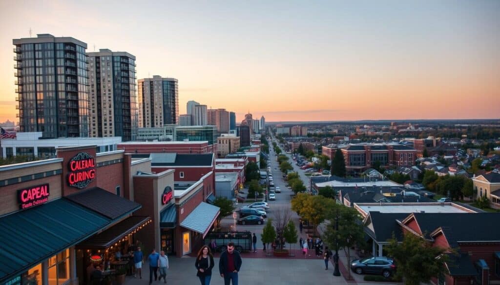 A bustling city skyline of Dorado Springs, Missouri, captured in a wide-angle shot at dusk. The foreground features a lively downtown district with vibrant storefronts, cafes, and restaurants. Couples stroll along the sidewalks, enjoying the warm evening air. In the middle ground, modern high-rise buildings reach towards the sky, their windows reflecting the fading sunlight. The background is a panoramic view of the surrounding suburbs, with tree-lined streets and cozy residential neighborhoods. The scene is bathed in a soft, golden glow, conveying a sense of romance and possibility for those seeking new dating opportunities in the area.