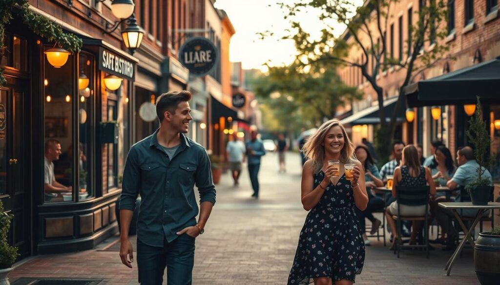 An intimate street scene in the quaint downtown of El Dorado Springs, Missouri. In the foreground, a young couple strolling hand-in-hand, engaged in lively conversation, framed by the warm glow of cafe lights and the inviting facade of a local bistro. In the middle ground, groups of friends laughing over craft cocktails on an outdoor patio, set against a backdrop of historic brick buildings and lush, tree-lined sidewalks. Soft, golden hour lighting casts a romantic ambiance, while the overall scene conveys a lively, welcoming atmosphere for singles to mingle and connect in this charming Ozark town.