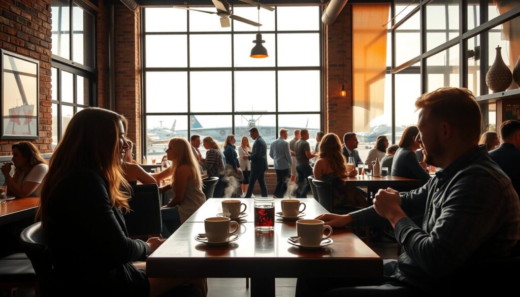 A cozy, sun-dappled cafe near Whiteman Air Force Base, with couples enjoying conversation over steaming mugs of coffee. The foreground features a chic, modern interior with exposed brick walls and rustic wooden furnishings. In the middle ground, well-dressed singles mingle, exchanging flirtatious glances. The background showcases a picturesque view of the base's iconic hangars and aircraft, creating a sense of place. The lighting is warm and soft, casting a romantic glow over the scene. The camera angle is slightly elevated, capturing the intimate atmosphere and inviting the viewer to step into this welcoming social hub for Whiteman's dating community.