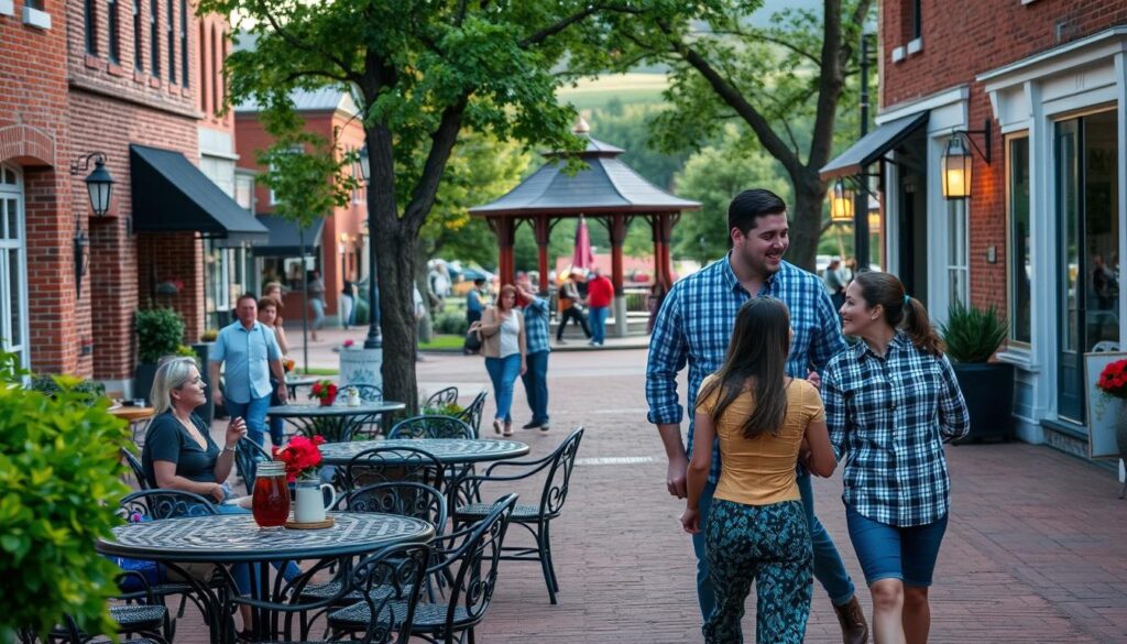 Couples strolling hand-in-hand along the charming streets of Bonne Terre, their laughter echoing against the quaint brick buildings and cozy cafes. In the foreground, a lively outdoor bistro with wrought-iron tables and the aroma of freshly-brewed coffee. Couples sitting close, engaged in animated conversation. In the middle ground, a historic park with a picturesque gazebo, where a live jazz band serenades young lovers. In the background, the rolling hills and lush greenery that surround this picturesque Midwestern town, bathed in the warm glow of the setting sun. A sense of intimacy, romance, and community permeates the scene, making Bonne Terre an idyllic destination for singles seeking connection and adventure.